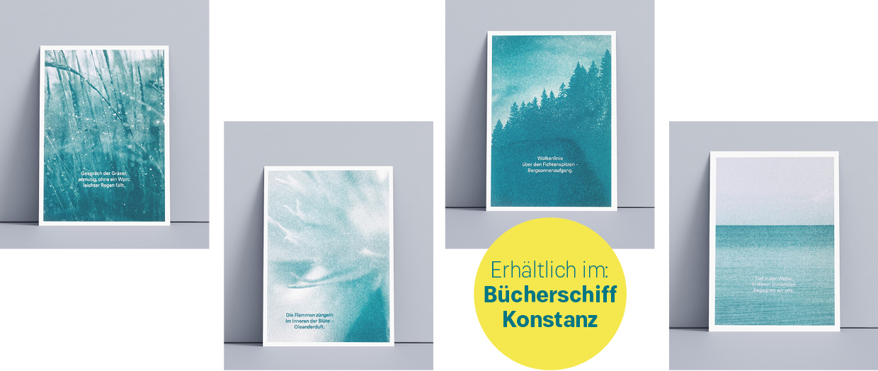 Barbara Kuberczyk Kommunikationsdesign, Risopostkarten, Gedichtpostkarten, Risoprints, Barbara Kuberczyk, Corporate Design, Grafikdesign, Editorial Design, Kommunikationsdesign, Kommunikationsdesign Konstanz; Julia Tilgen-Kramm, Gedichtband, Gespräch der Gräser, Lyrik, Haiku, Haiku Gedichtband
